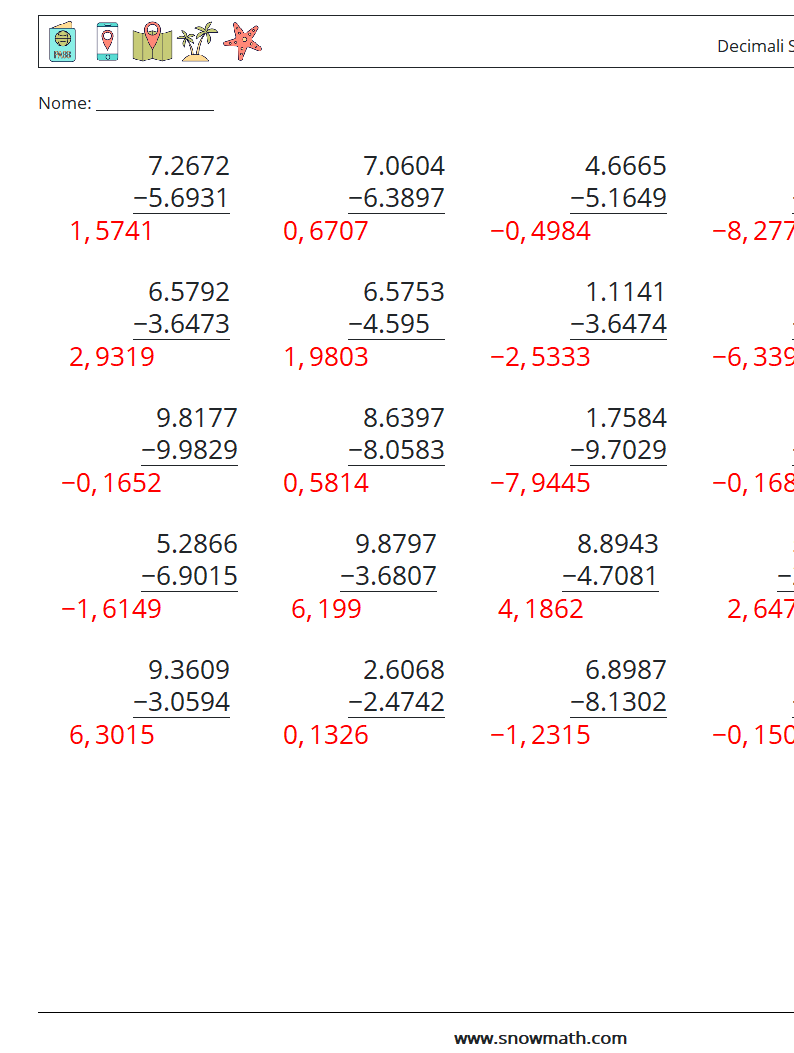 (25) Decimali Sottrazione ( 4 cifre ) Fogli di lavoro di matematica 13 Domanda, Risposta