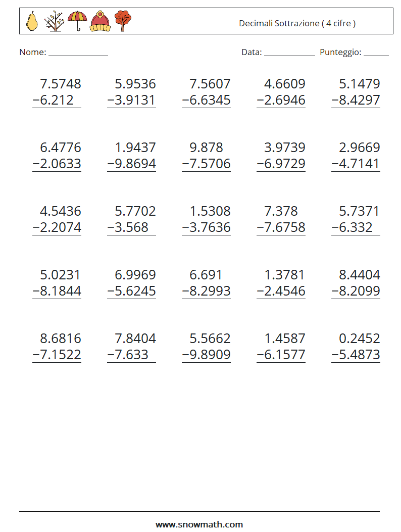 (25) Decimali Sottrazione ( 4 cifre ) Fogli di lavoro di matematica 14