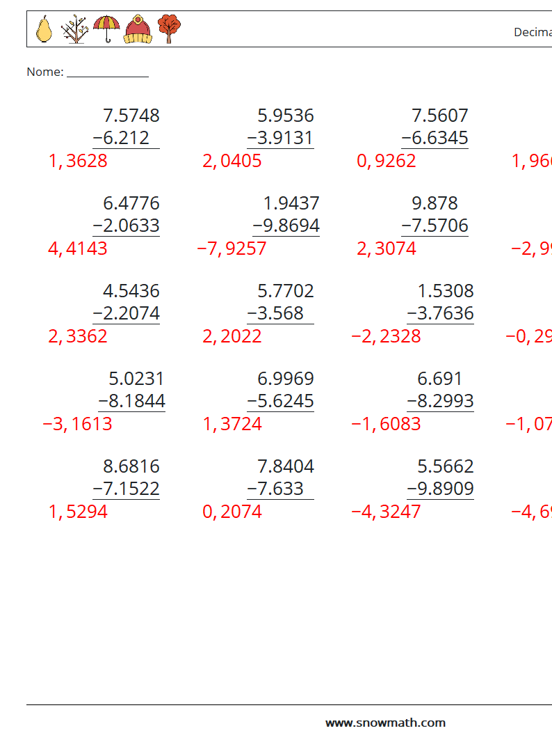 (25) Decimali Sottrazione ( 4 cifre ) Fogli di lavoro di matematica 14 Domanda, Risposta