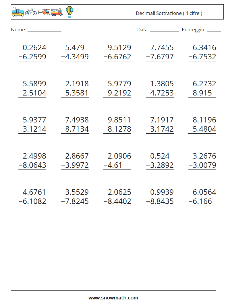 (25) Decimali Sottrazione ( 4 cifre ) Fogli di lavoro di matematica 15