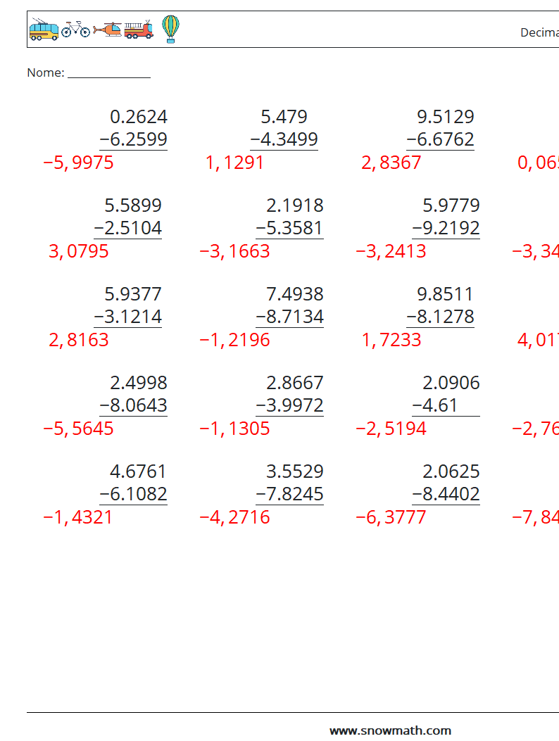 (25) Decimali Sottrazione ( 4 cifre ) Fogli di lavoro di matematica 15 Domanda, Risposta