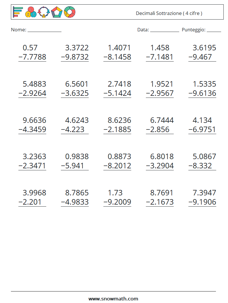 (25) Decimali Sottrazione ( 4 cifre ) Fogli di lavoro di matematica 16