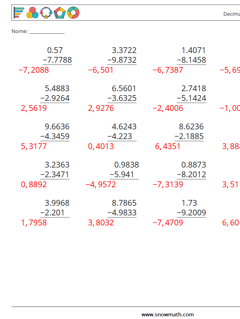 (25) Decimali Sottrazione ( 4 cifre ) Fogli di lavoro di matematica 16 Domanda, Risposta