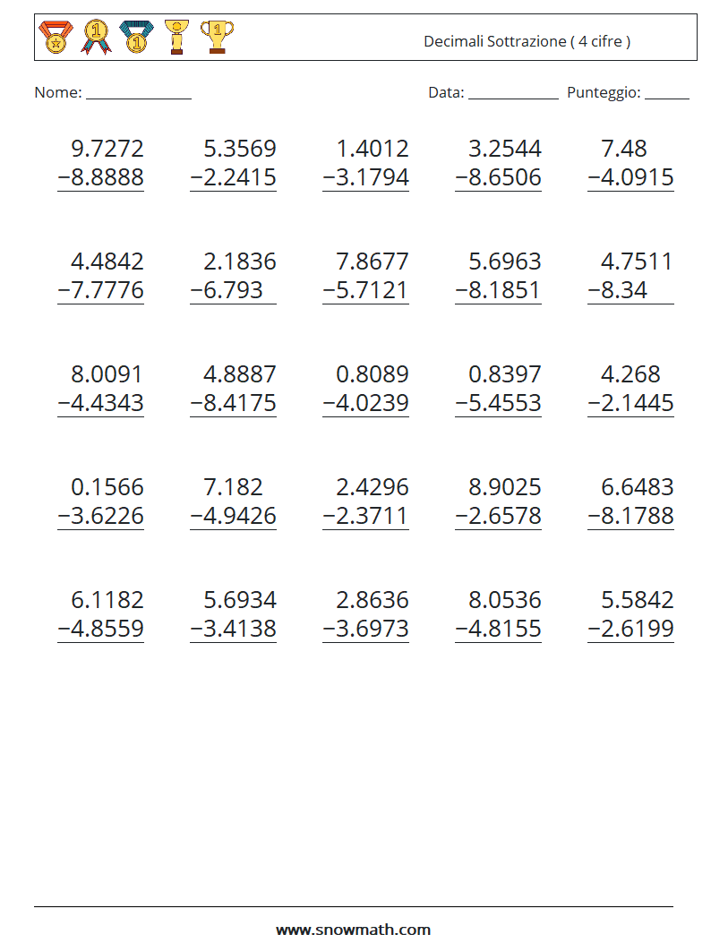 (25) Decimali Sottrazione ( 4 cifre ) Fogli di lavoro di matematica 17