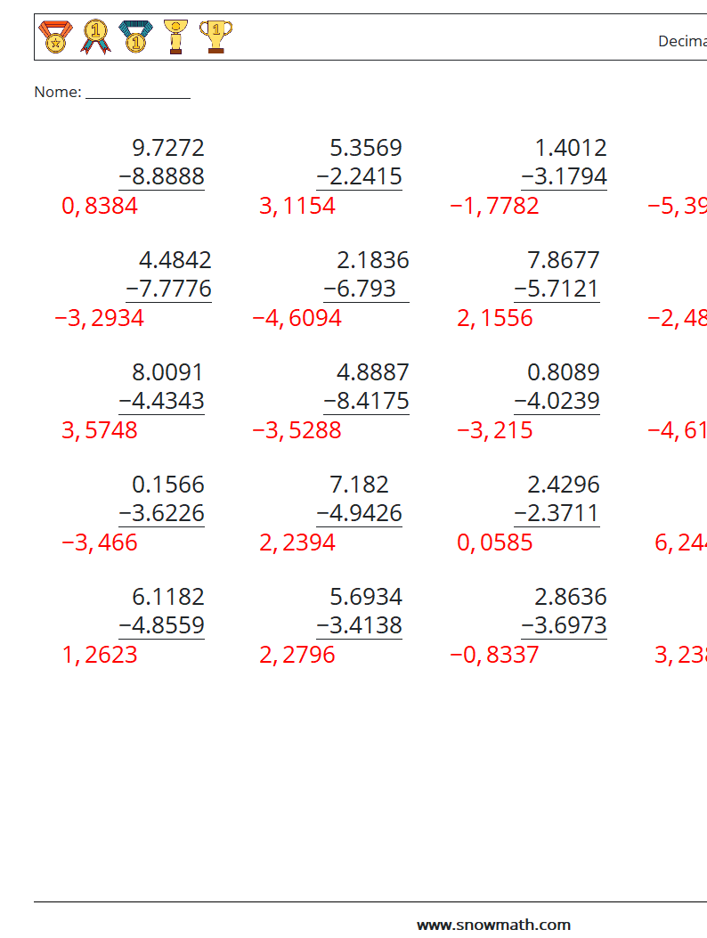 (25) Decimali Sottrazione ( 4 cifre ) Fogli di lavoro di matematica 17 Domanda, Risposta