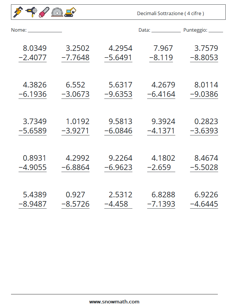 (25) Decimali Sottrazione ( 4 cifre ) Fogli di lavoro di matematica 18