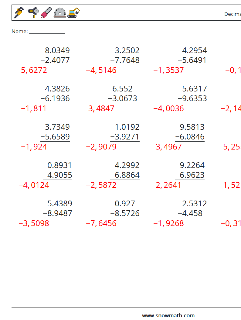 (25) Decimali Sottrazione ( 4 cifre ) Fogli di lavoro di matematica 18 Domanda, Risposta