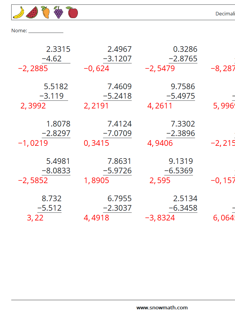 (25) Decimali Sottrazione ( 4 cifre ) Fogli di lavoro di matematica 1 Domanda, Risposta