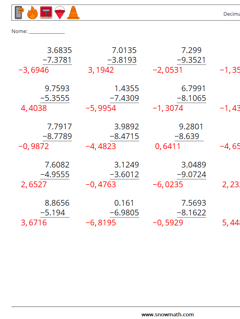 (25) Decimali Sottrazione ( 4 cifre ) Fogli di lavoro di matematica 2 Domanda, Risposta