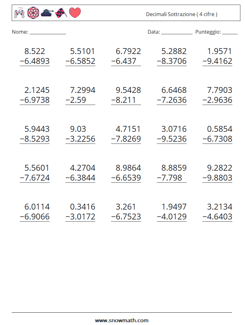 (25) Decimali Sottrazione ( 4 cifre ) Fogli di lavoro di matematica 3