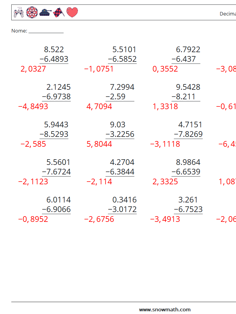 (25) Decimali Sottrazione ( 4 cifre ) Fogli di lavoro di matematica 3 Domanda, Risposta