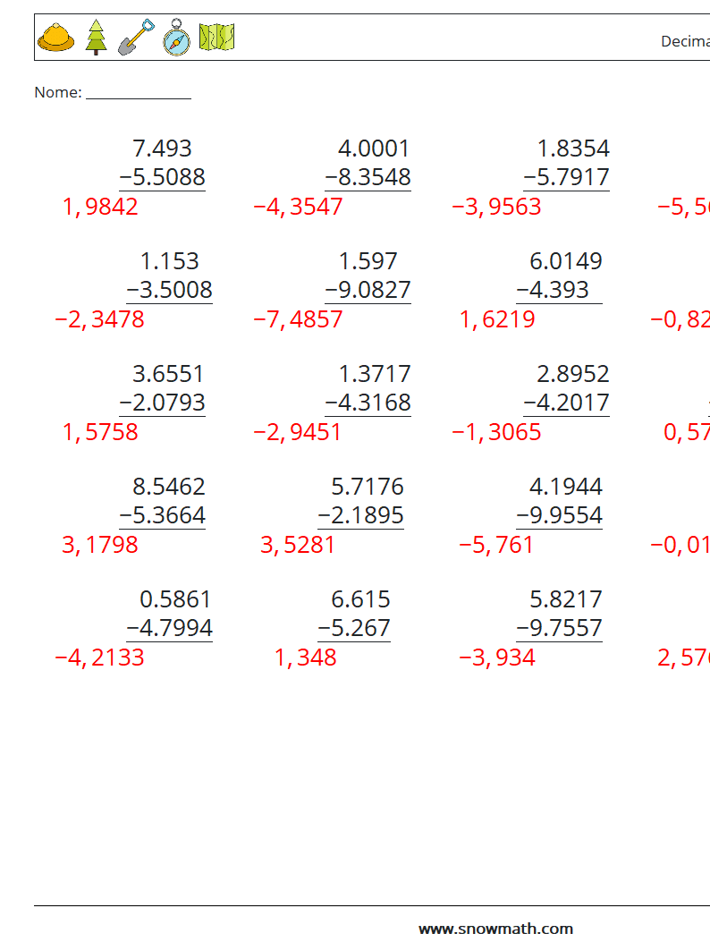 (25) Decimali Sottrazione ( 4 cifre ) Fogli di lavoro di matematica 4 Domanda, Risposta