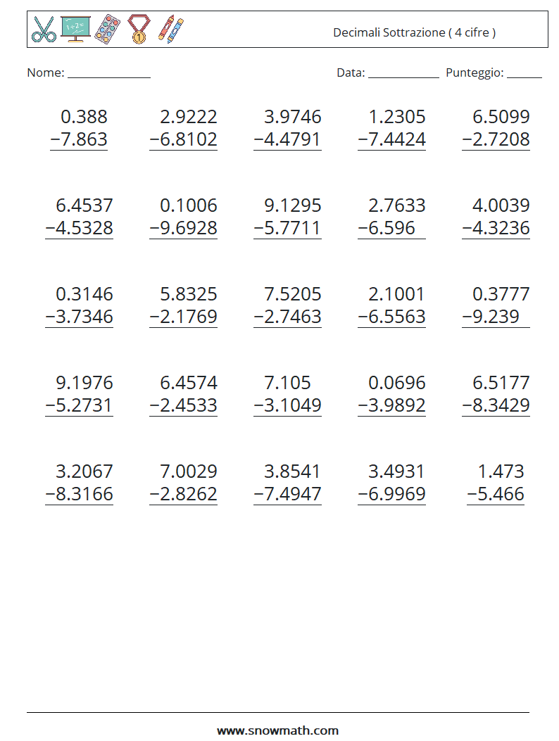 (25) Decimali Sottrazione ( 4 cifre ) Fogli di lavoro di matematica 5