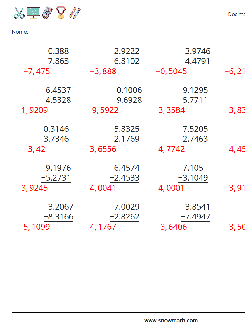 (25) Decimali Sottrazione ( 4 cifre ) Fogli di lavoro di matematica 5 Domanda, Risposta