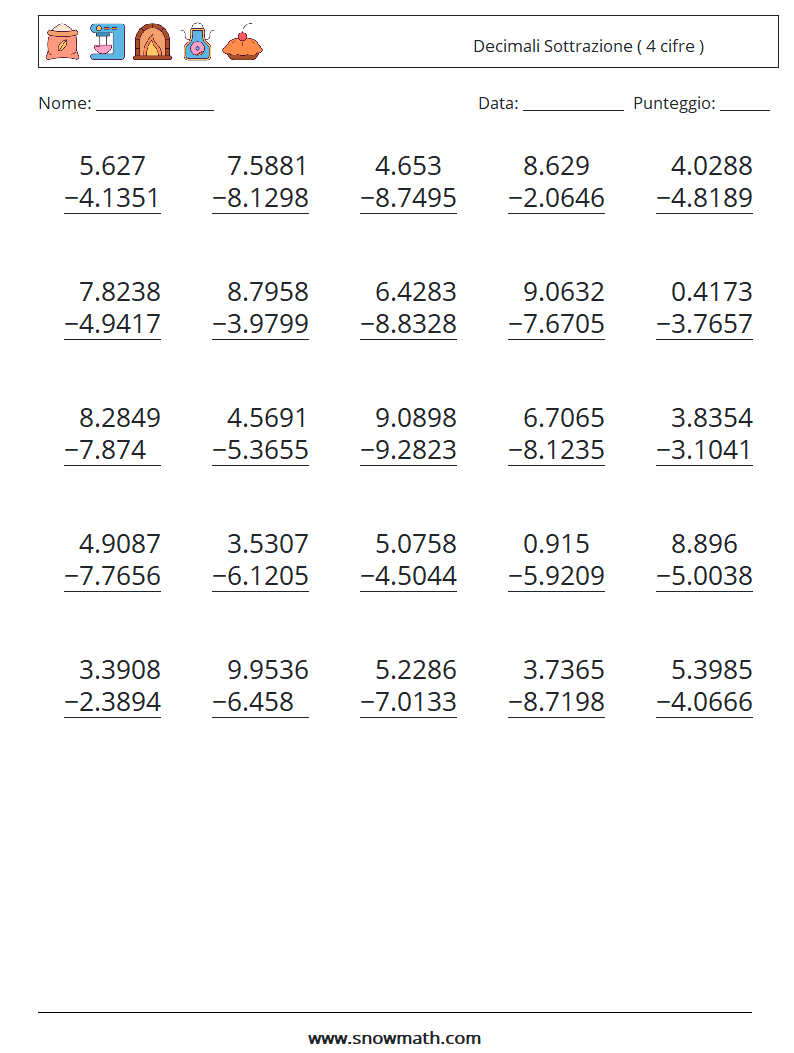 (25) Decimali Sottrazione ( 4 cifre ) Fogli di lavoro di matematica 6