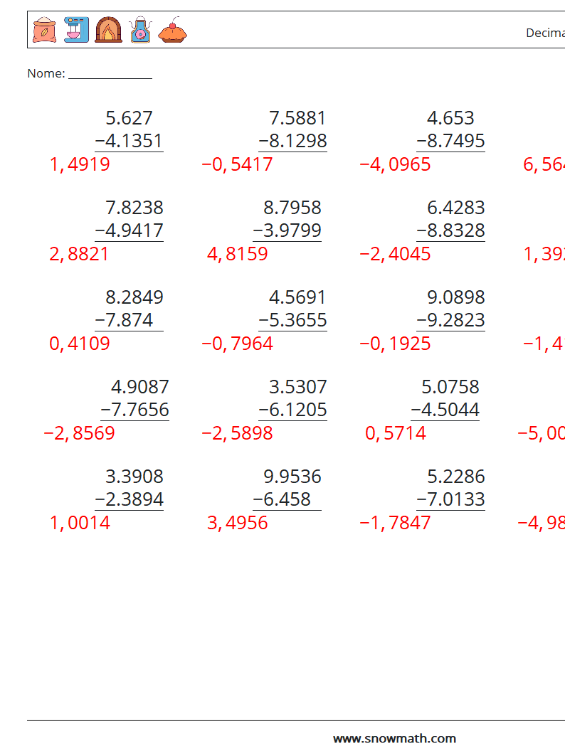 (25) Decimali Sottrazione ( 4 cifre ) Fogli di lavoro di matematica 6 Domanda, Risposta