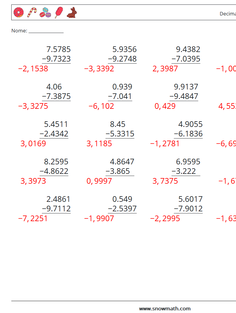 (25) Decimali Sottrazione ( 4 cifre ) Fogli di lavoro di matematica 7 Domanda, Risposta