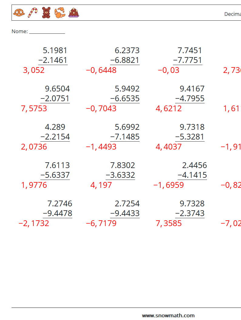 (25) Decimali Sottrazione ( 4 cifre ) Fogli di lavoro di matematica 8 Domanda, Risposta