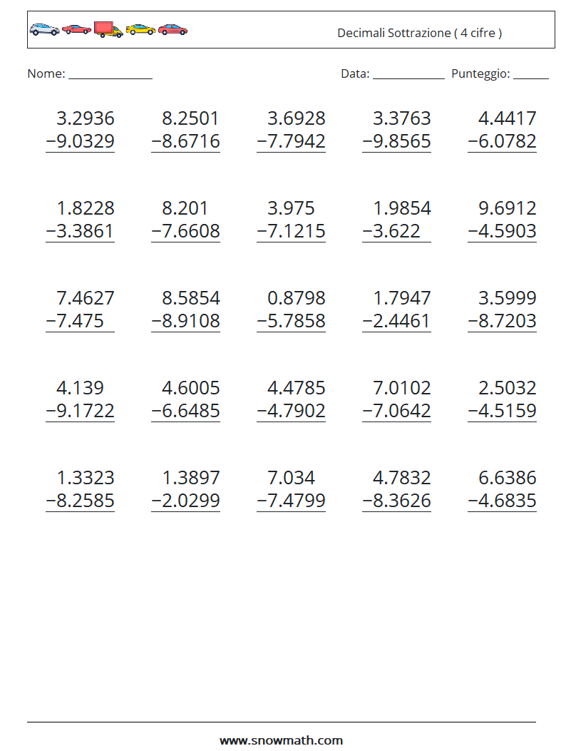 (25) Decimali Sottrazione ( 4 cifre ) Fogli di lavoro di matematica 9