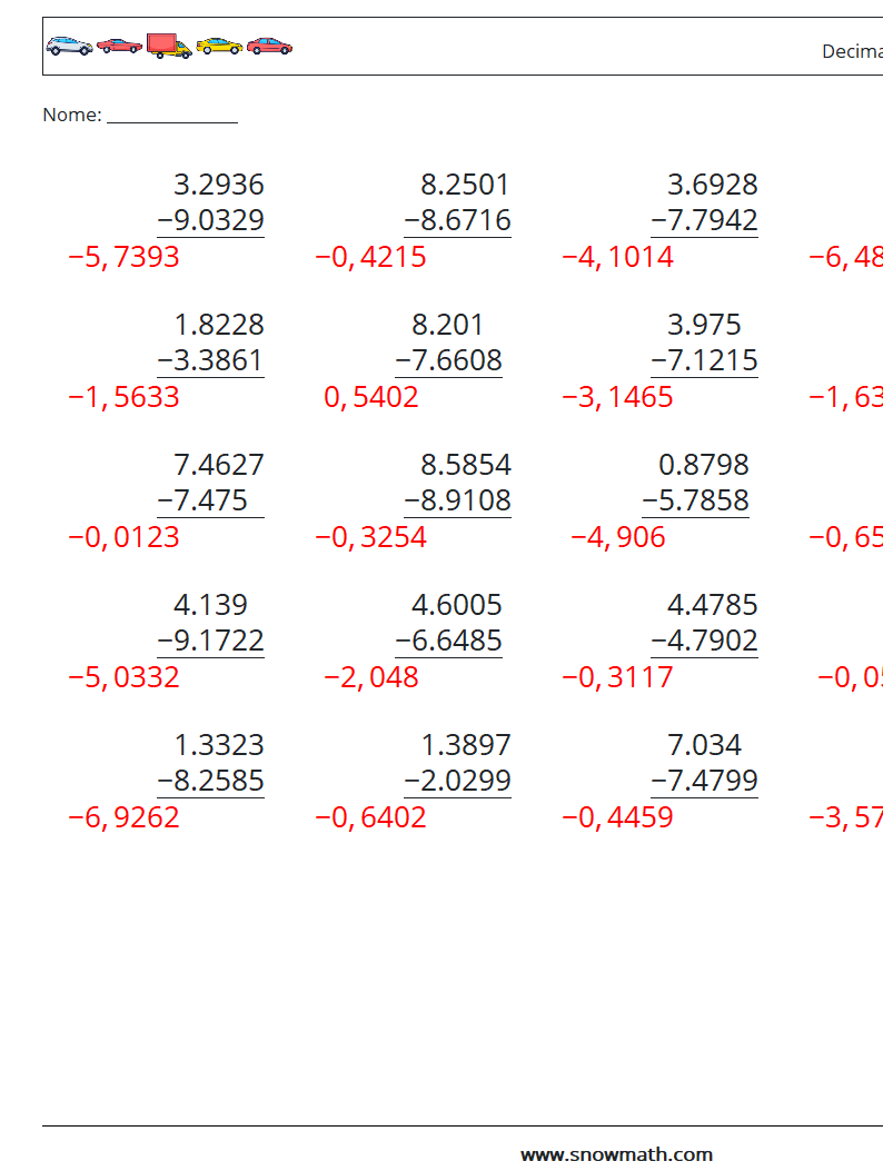 (25) Decimali Sottrazione ( 4 cifre ) Fogli di lavoro di matematica 9 Domanda, Risposta