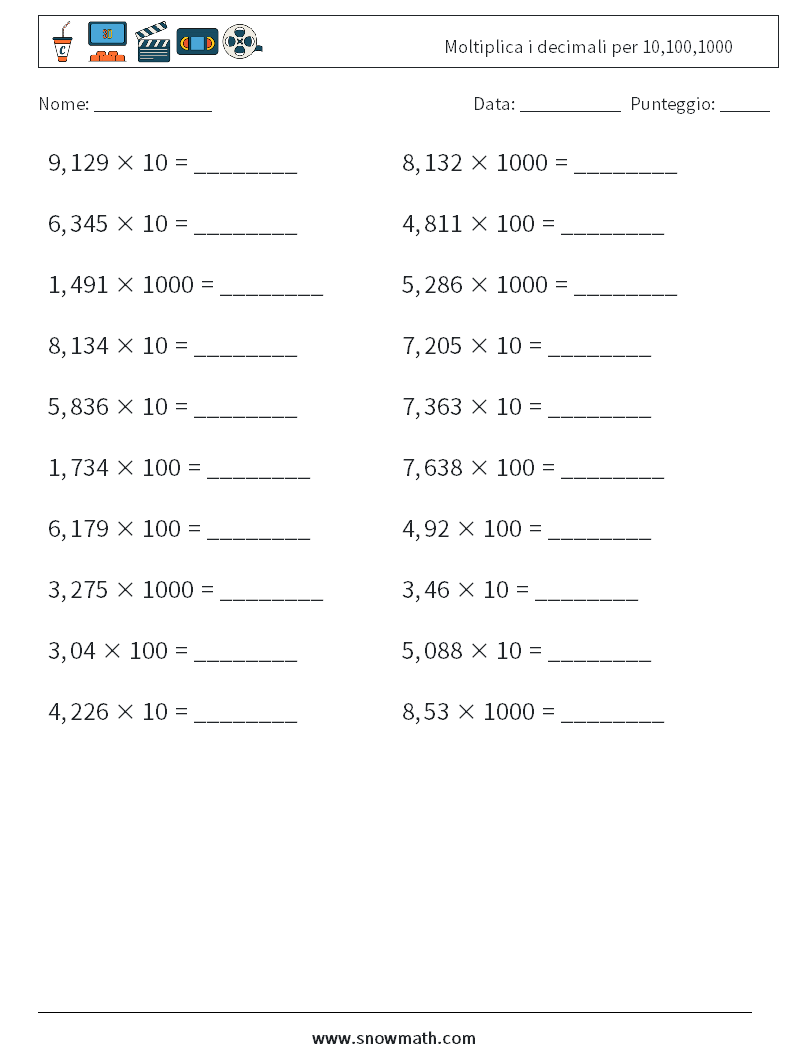 Moltiplica i decimali per 10,100,1000 Fogli di lavoro di matematica 10