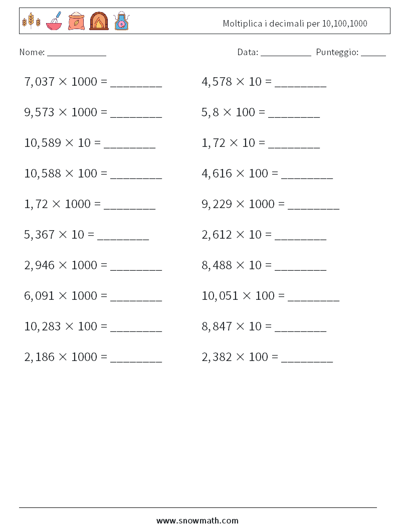 Moltiplica i decimali per 10,100,1000 Fogli di lavoro di matematica 11