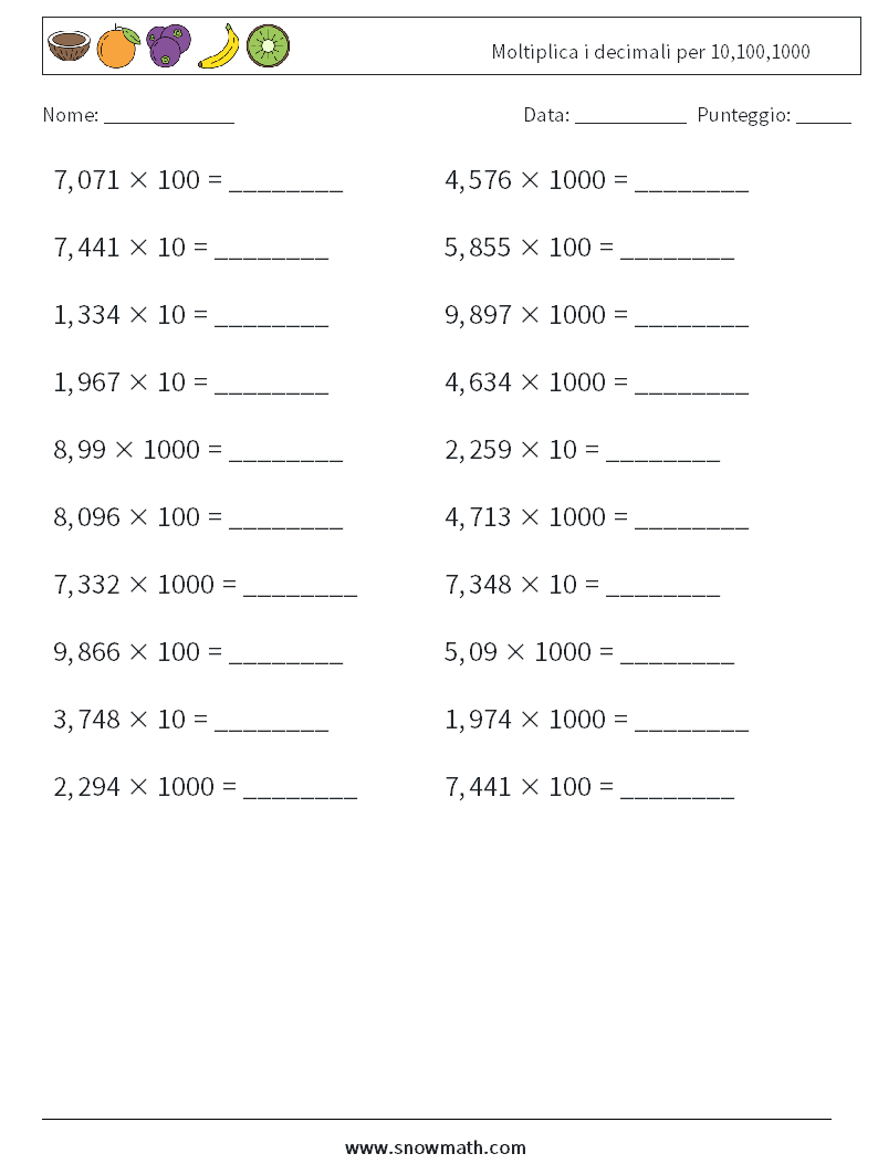 Moltiplica i decimali per 10,100,1000 Fogli di lavoro di matematica 12