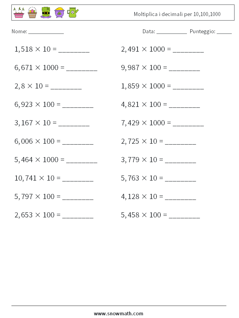 Moltiplica i decimali per 10,100,1000 Fogli di lavoro di matematica 14
