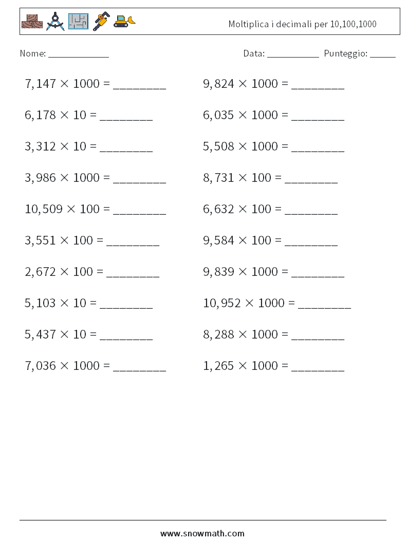 Moltiplica i decimali per 10,100,1000 Fogli di lavoro di matematica 15