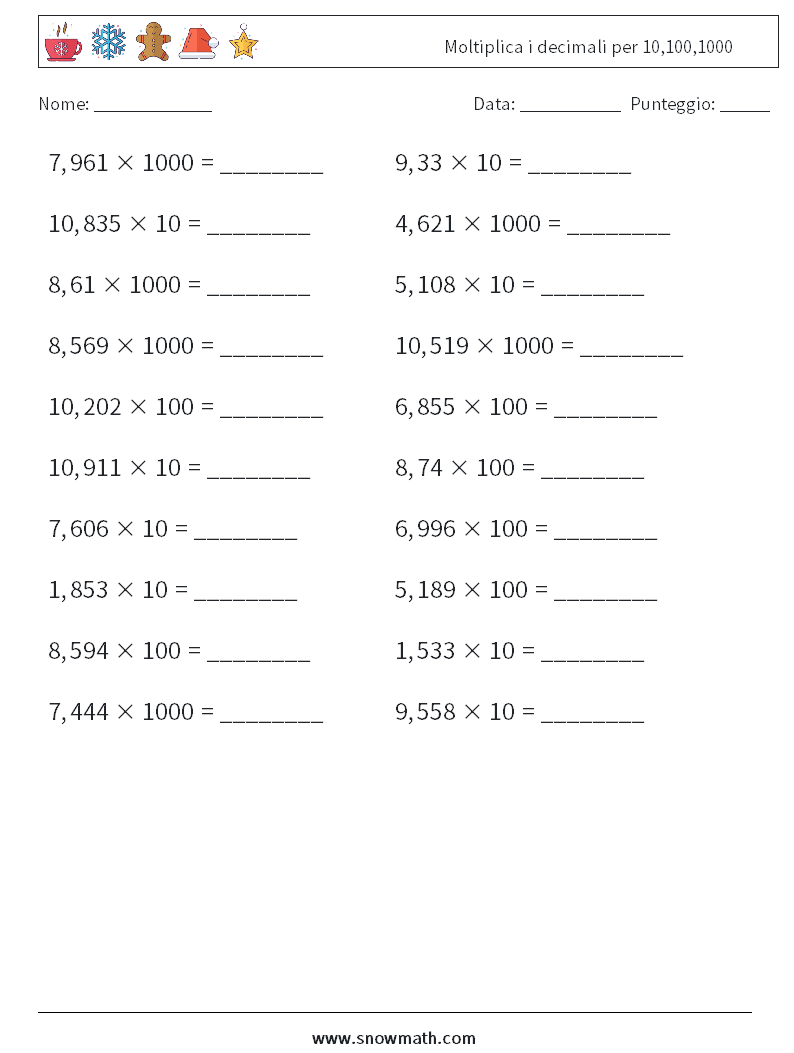 Moltiplica i decimali per 10,100,1000 Fogli di lavoro di matematica 16