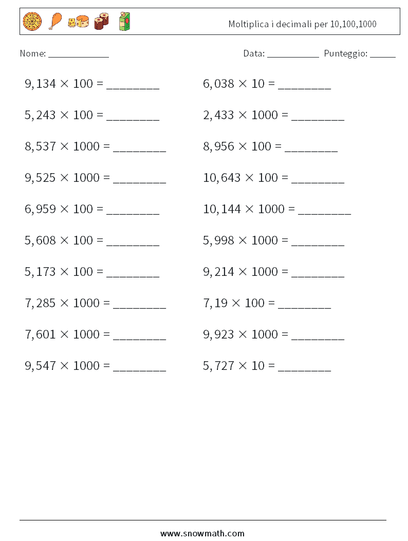Moltiplica i decimali per 10,100,1000 Fogli di lavoro di matematica 18