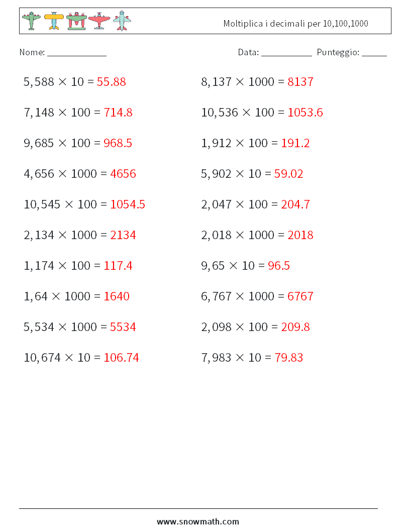 Moltiplica i decimali per 10,100,1000 Fogli di lavoro di matematica 1 Domanda, Risposta