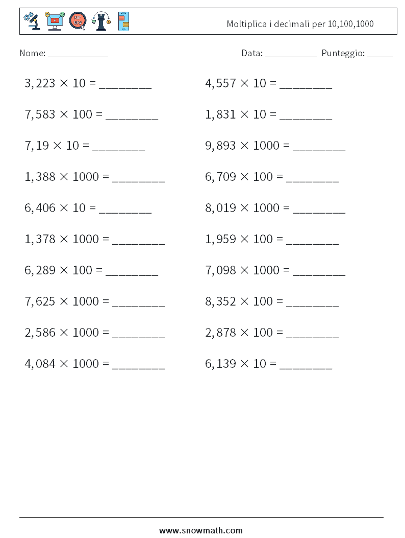 Moltiplica i decimali per 10,100,1000 Fogli di lavoro di matematica 2