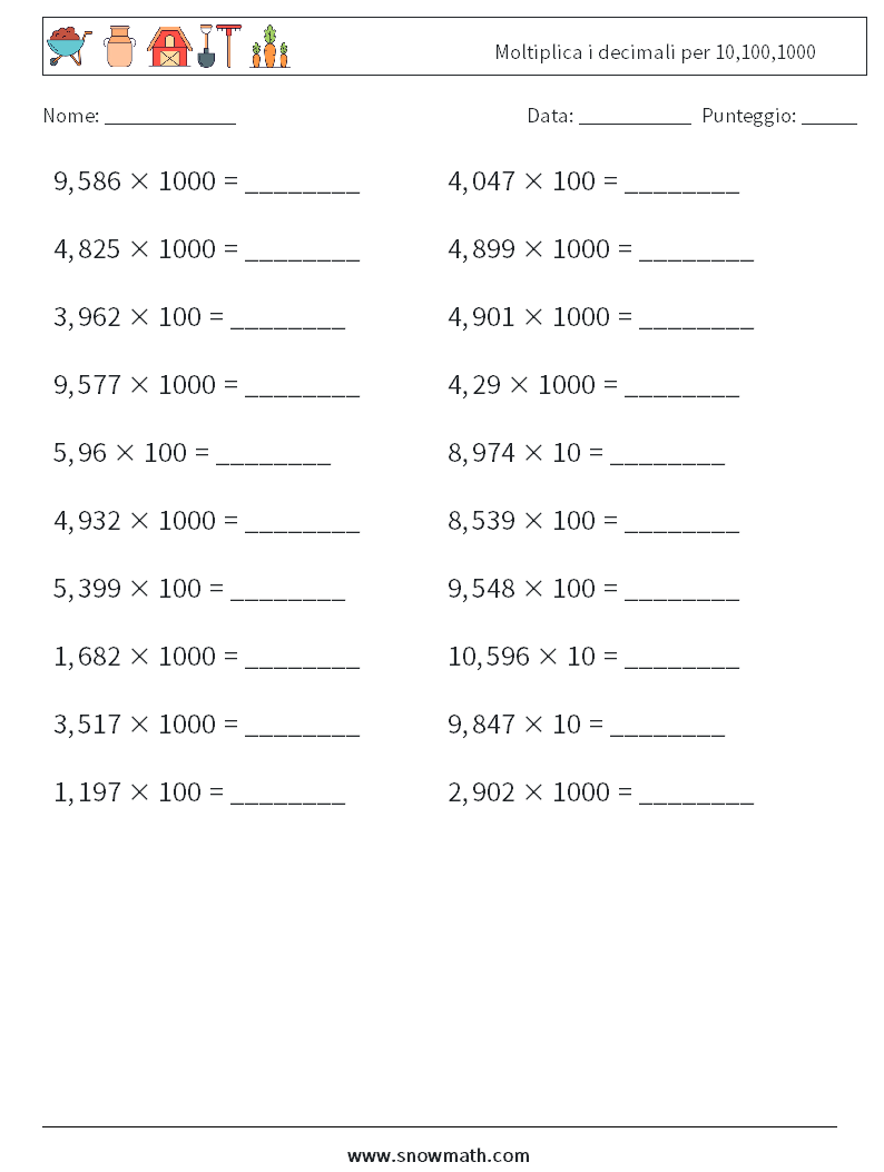 Moltiplica i decimali per 10,100,1000 Fogli di lavoro di matematica 3