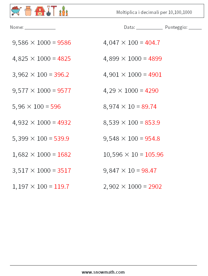 Moltiplica i decimali per 10,100,1000 Fogli di lavoro di matematica 3 Domanda, Risposta