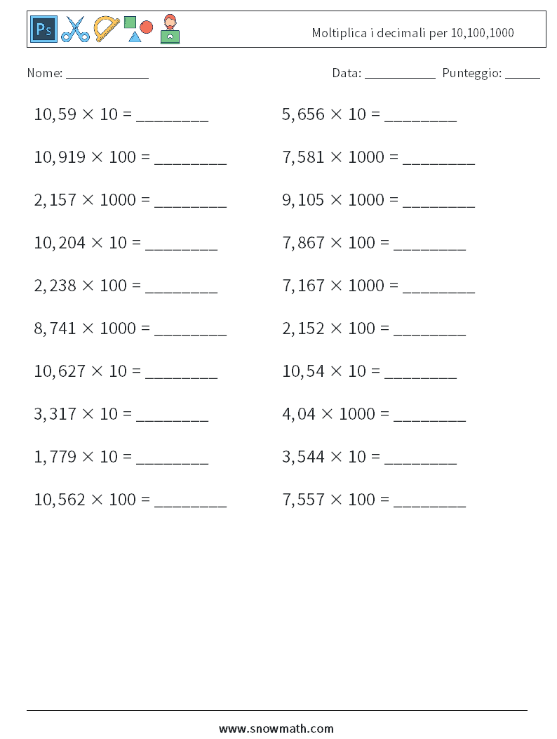 Moltiplica i decimali per 10,100,1000 Fogli di lavoro di matematica 4