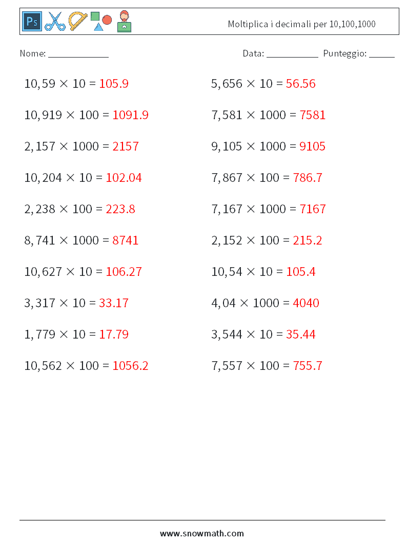 Moltiplica i decimali per 10,100,1000 Fogli di lavoro di matematica 4 Domanda, Risposta