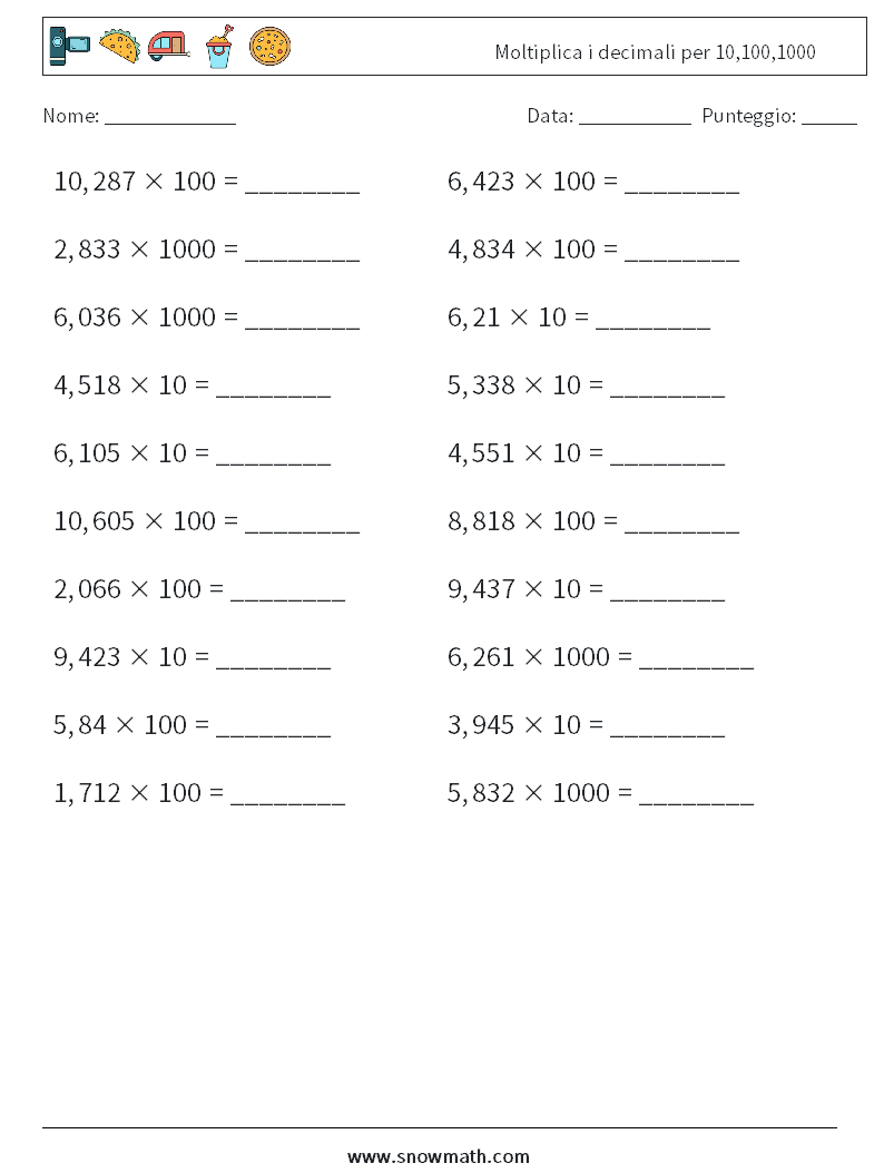 Moltiplica i decimali per 10,100,1000 Fogli di lavoro di matematica 5