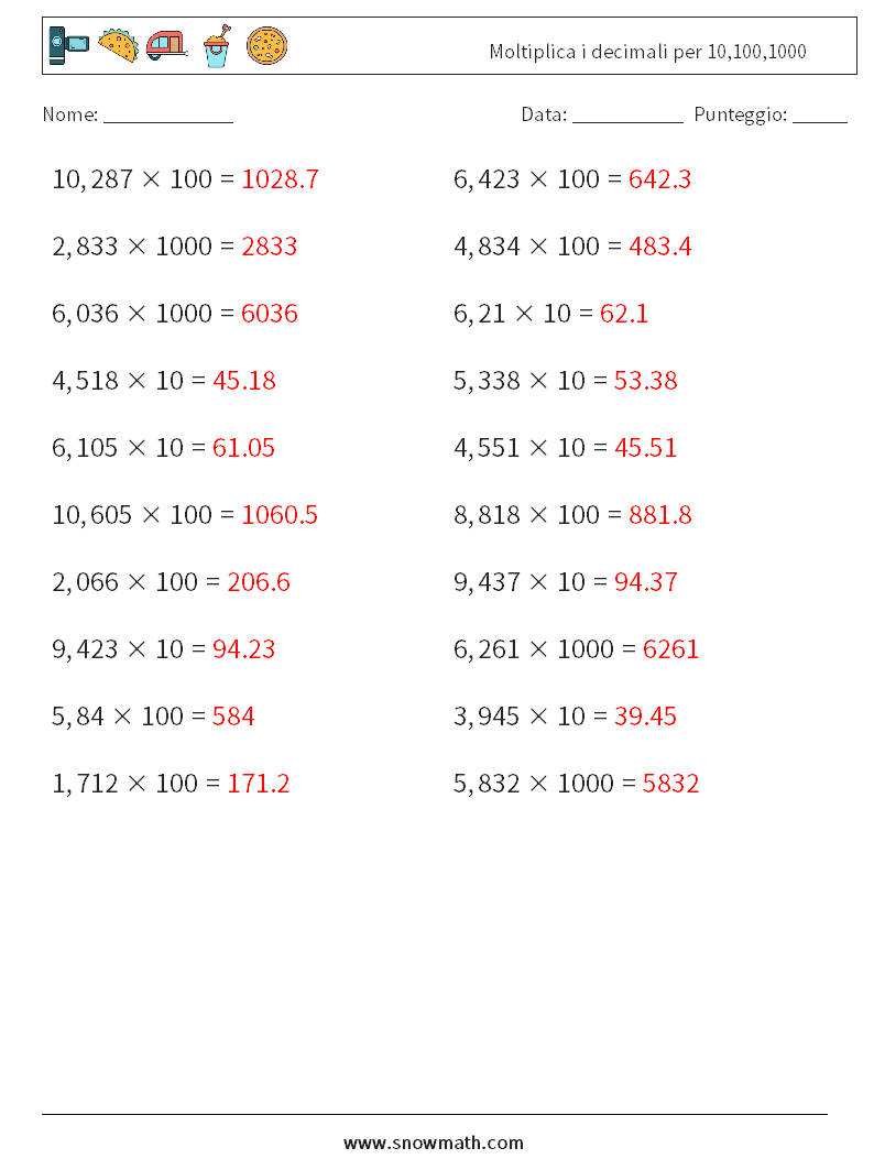 Moltiplica i decimali per 10,100,1000 Fogli di lavoro di matematica 5 Domanda, Risposta