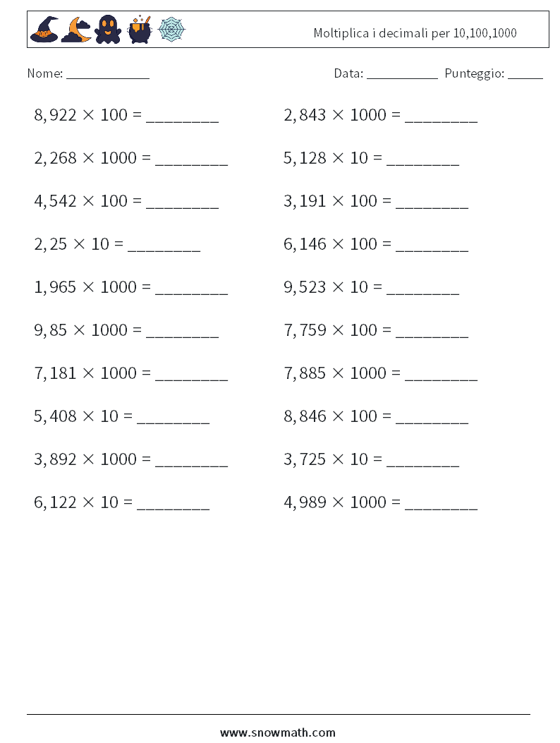 Moltiplica i decimali per 10,100,1000 Fogli di lavoro di matematica 6