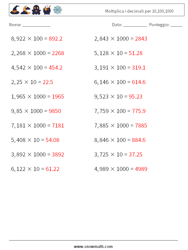 Moltiplica i decimali per 10,100,1000 Fogli di lavoro di matematica 6 Domanda, Risposta