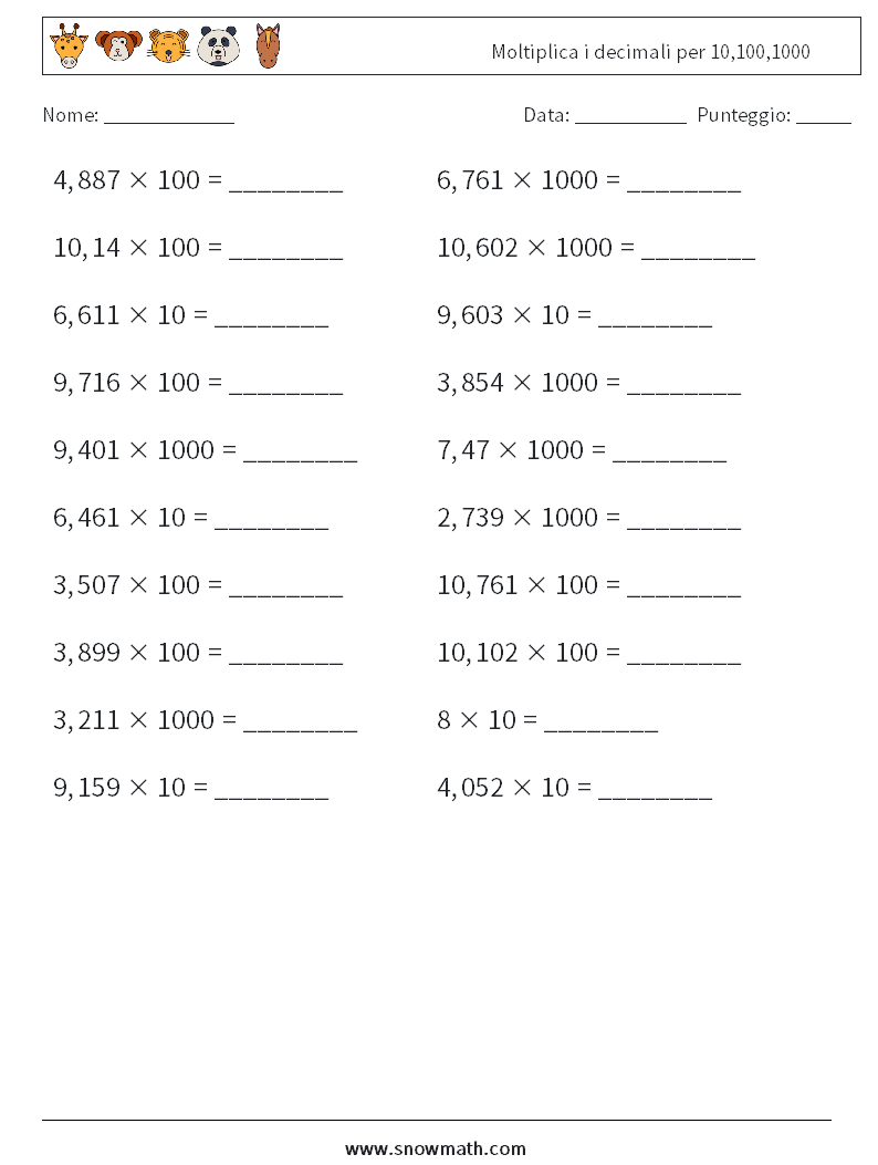 Moltiplica i decimali per 10,100,1000 Fogli di lavoro di matematica 7