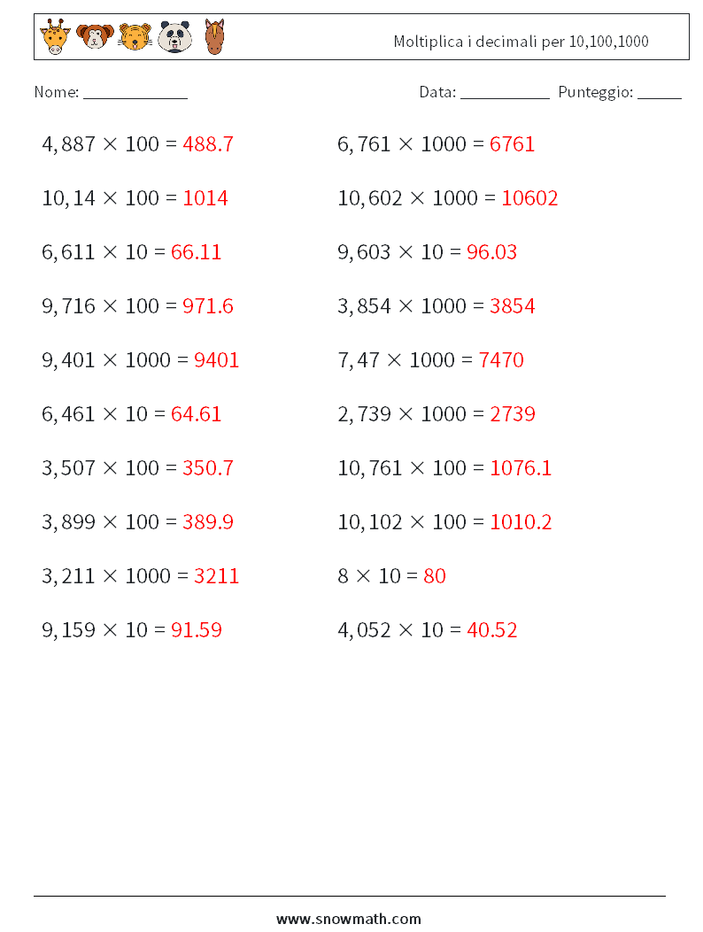 Moltiplica i decimali per 10,100,1000 Fogli di lavoro di matematica 7 Domanda, Risposta