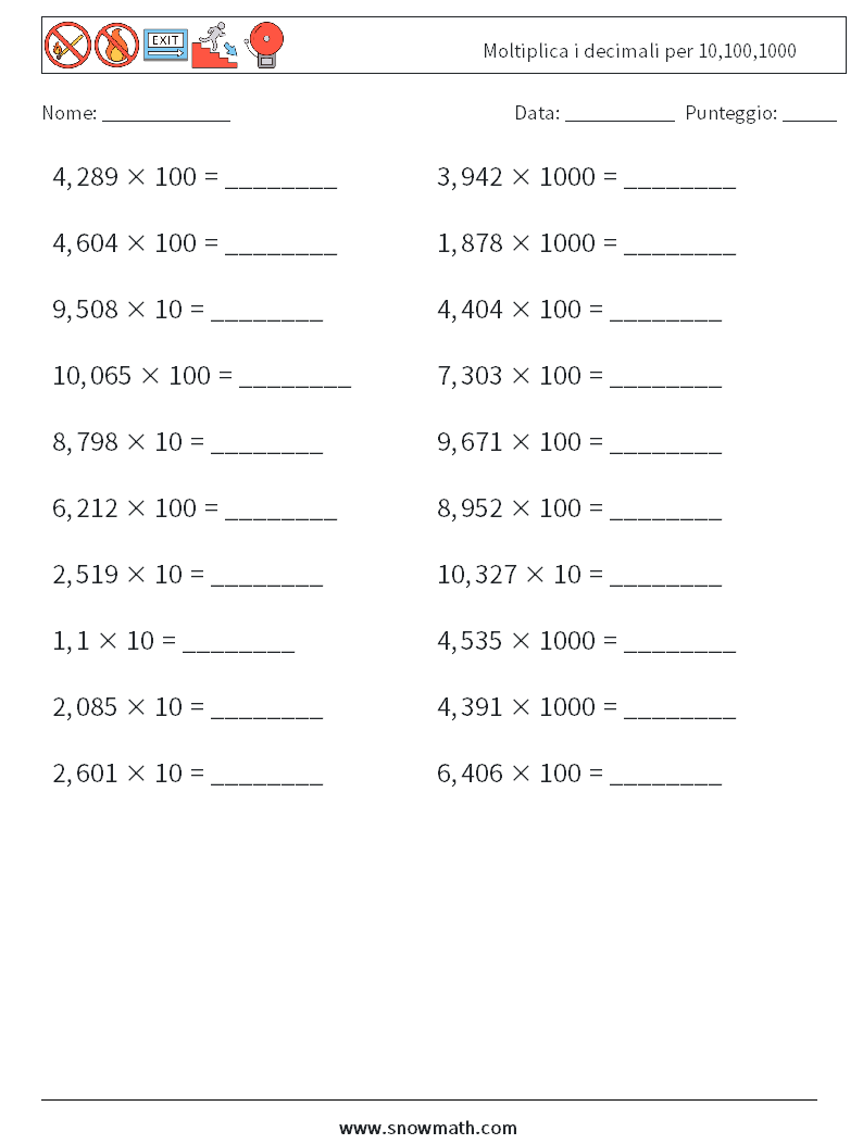 Moltiplica i decimali per 10,100,1000 Fogli di lavoro di matematica 8