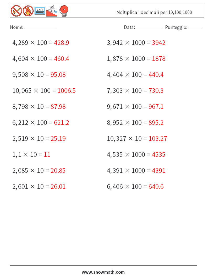 Moltiplica i decimali per 10,100,1000 Fogli di lavoro di matematica 8 Domanda, Risposta