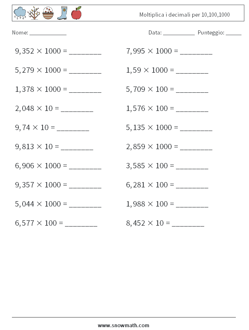 Moltiplica i decimali per 10,100,1000 Fogli di lavoro di matematica 9