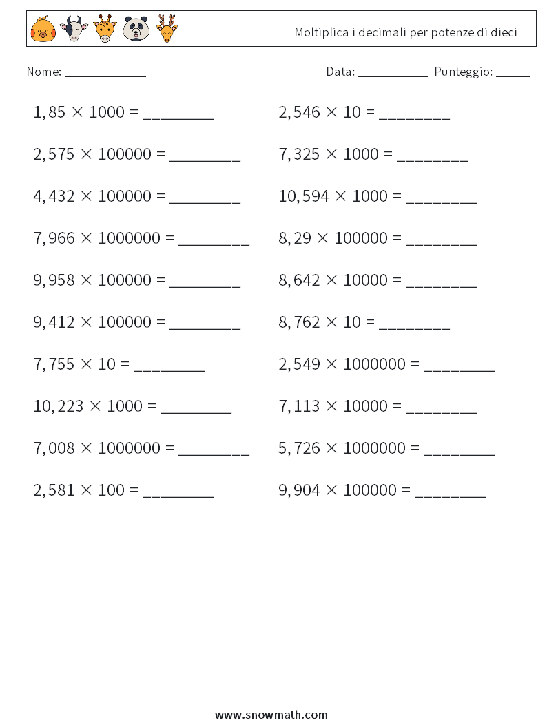 Moltiplica i decimali per potenze di dieci Fogli di lavoro di matematica 12