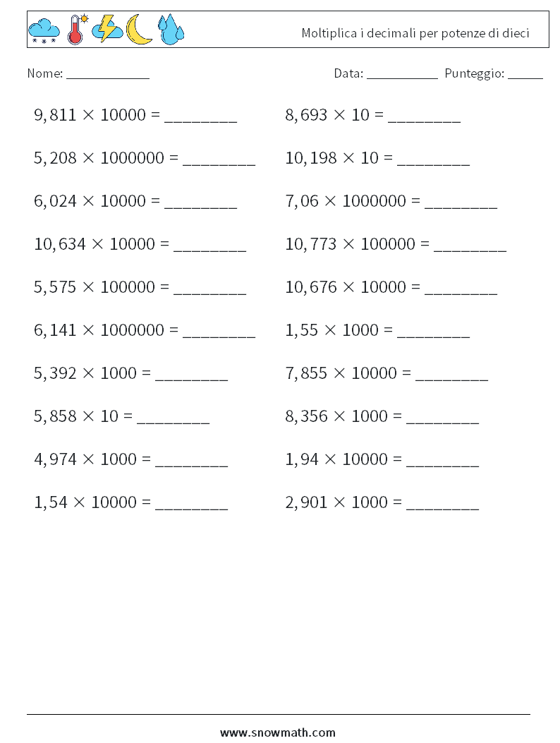 Moltiplica i decimali per potenze di dieci Fogli di lavoro di matematica 13