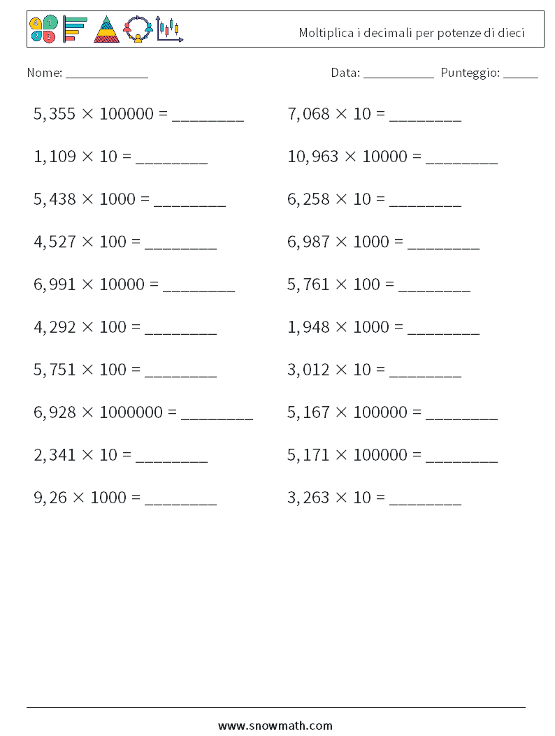 Moltiplica i decimali per potenze di dieci Fogli di lavoro di matematica 18