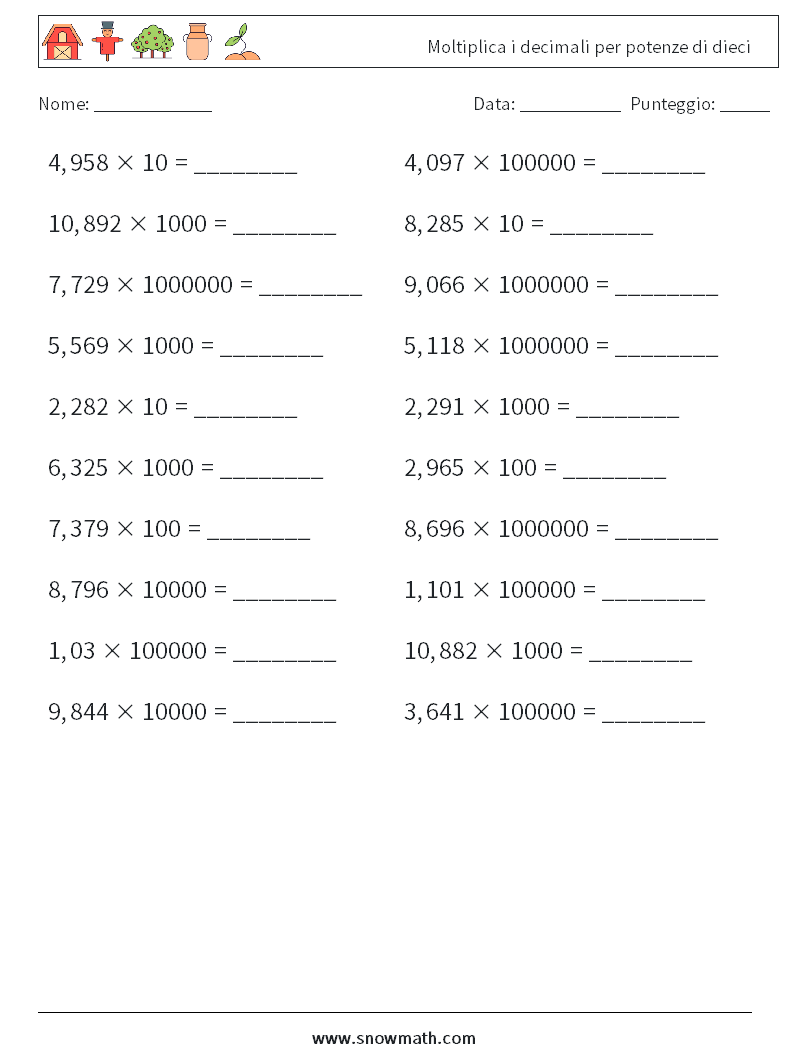 Moltiplica i decimali per potenze di dieci Fogli di lavoro di matematica 2
